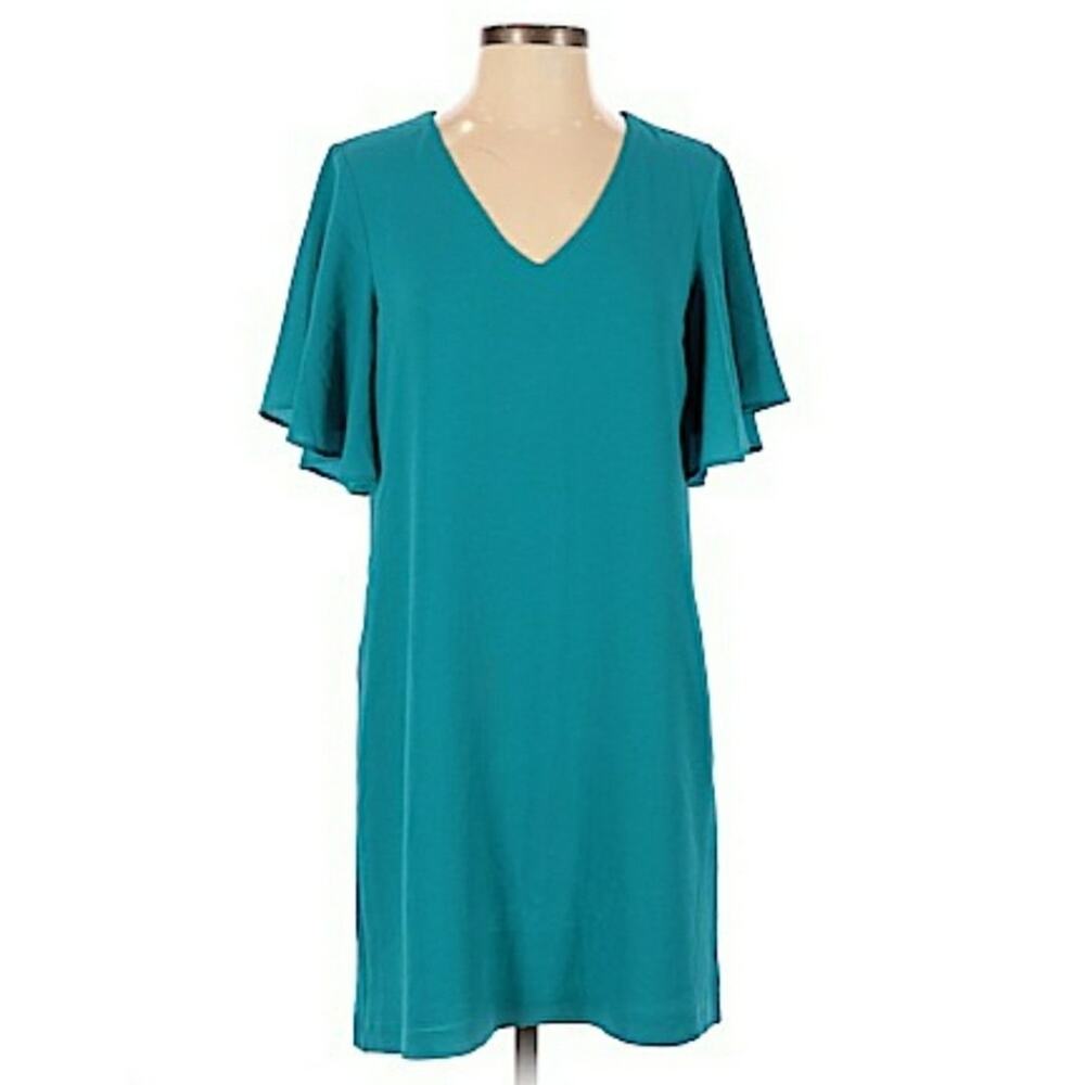 LEYDEN v-neck flutter sleeve textured above the knee aqua shift dress Size S NEW
